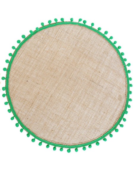 Bajo plato 38 cm lino/algodón con pompones verde